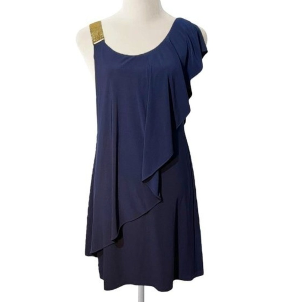 Betsy & Adam Navy Blue Gold Metal Mesh Ruffle Drape One Shoulder Dress Womens 8